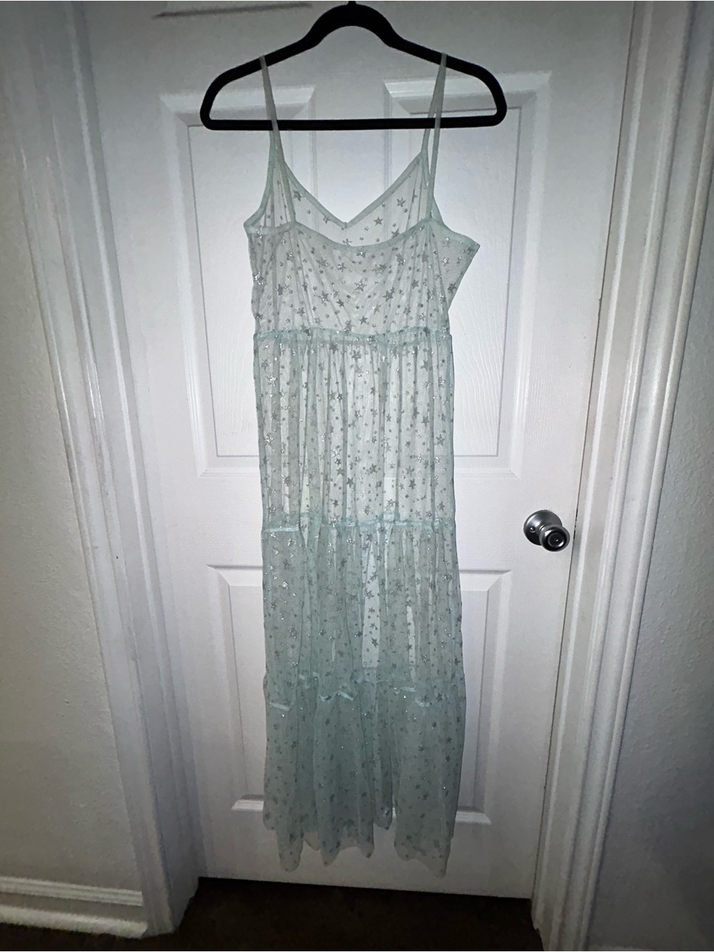 Sheer Baby Blue Spaghetti Strap Maxi Dress with Silver Stars
